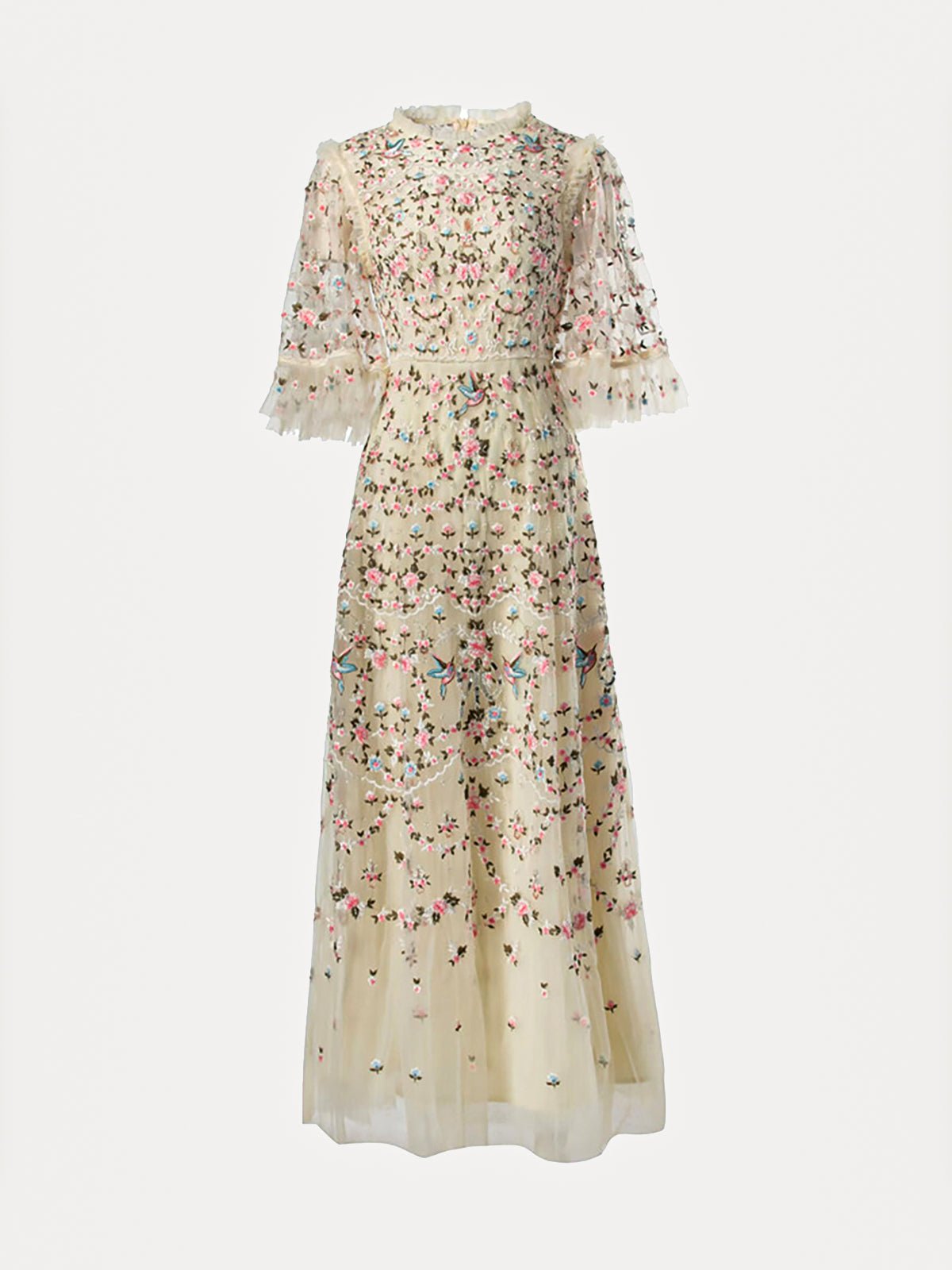 The Social Queen Floral Embroidered Beaded Tulle Dress features sheer cream tulle, puff sleeves, vibrant floral embroidery, and a fitted waistband.