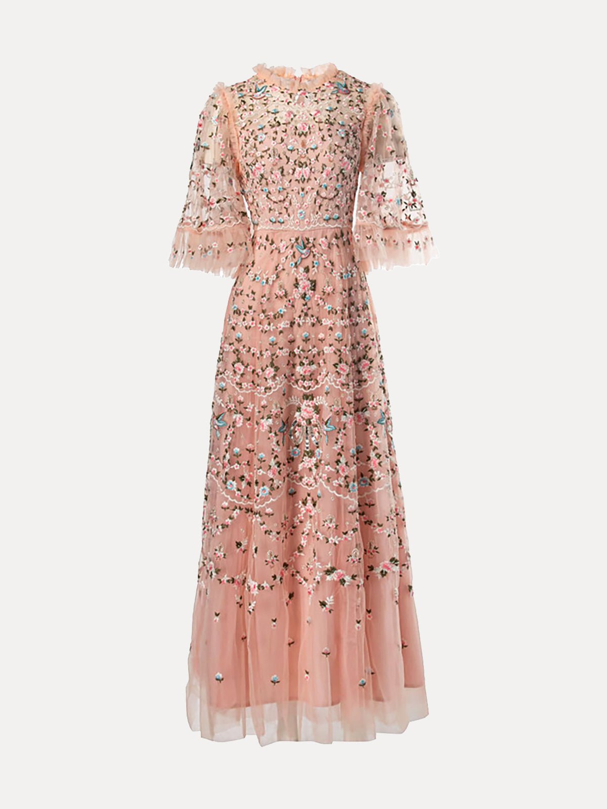 The Social Queen Floral Embroidered Beaded Tulle Dress is a floor-length pink sheer dress featuring floral embroidery, a ruffled high neck, and sheer puff sleeves with ruffle trim.
