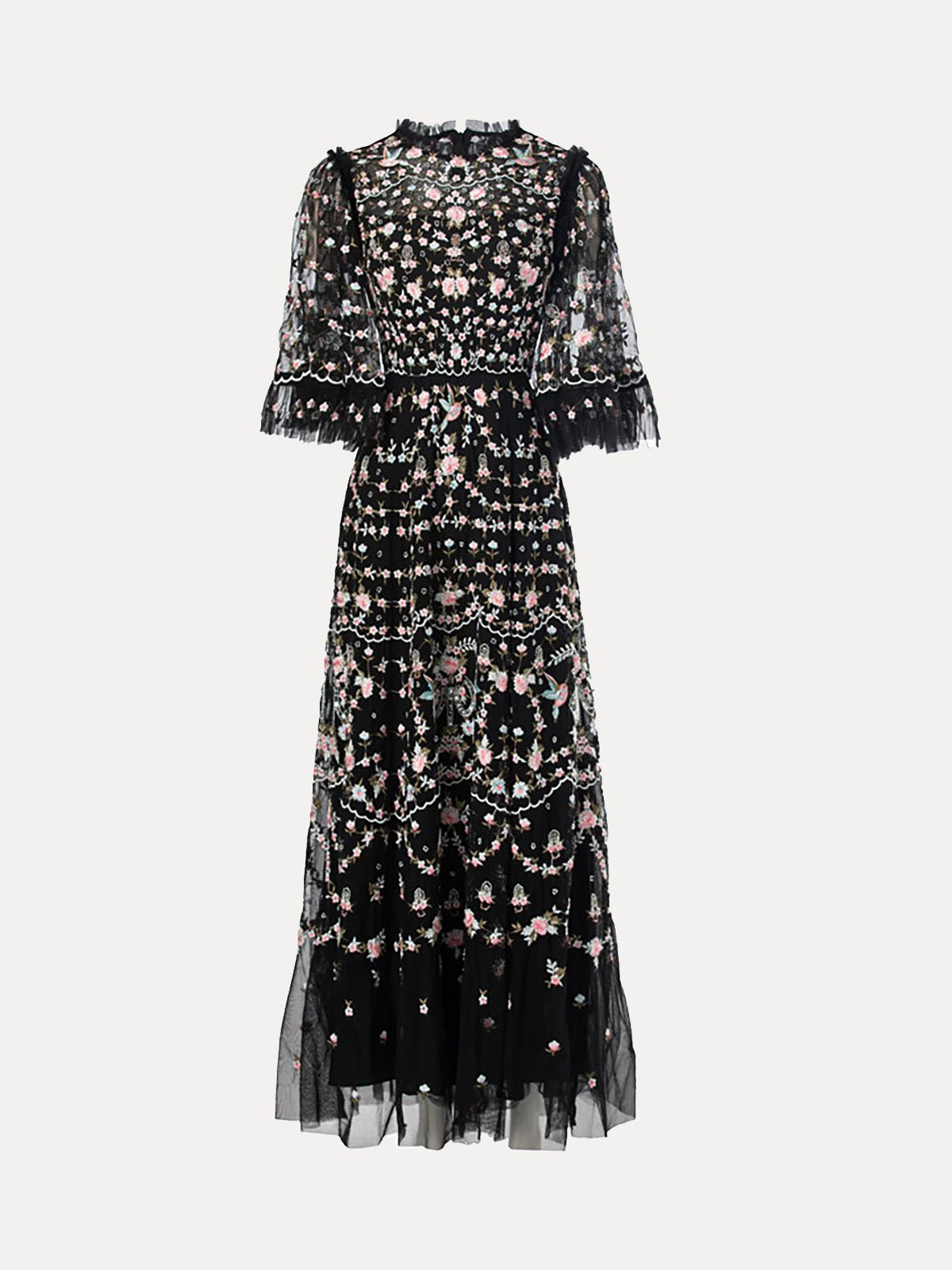 The Social Queen Floral Embroidered Beaded Tulle Dress is a black midi dress with sheer puff sleeves and delicate pink, white, and green floral embroidery.