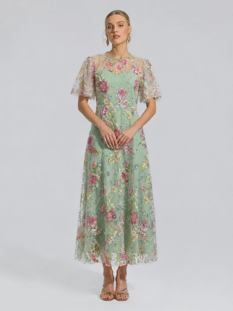 Floral Embroidered Beaded Tulle Gown - Social Queen
