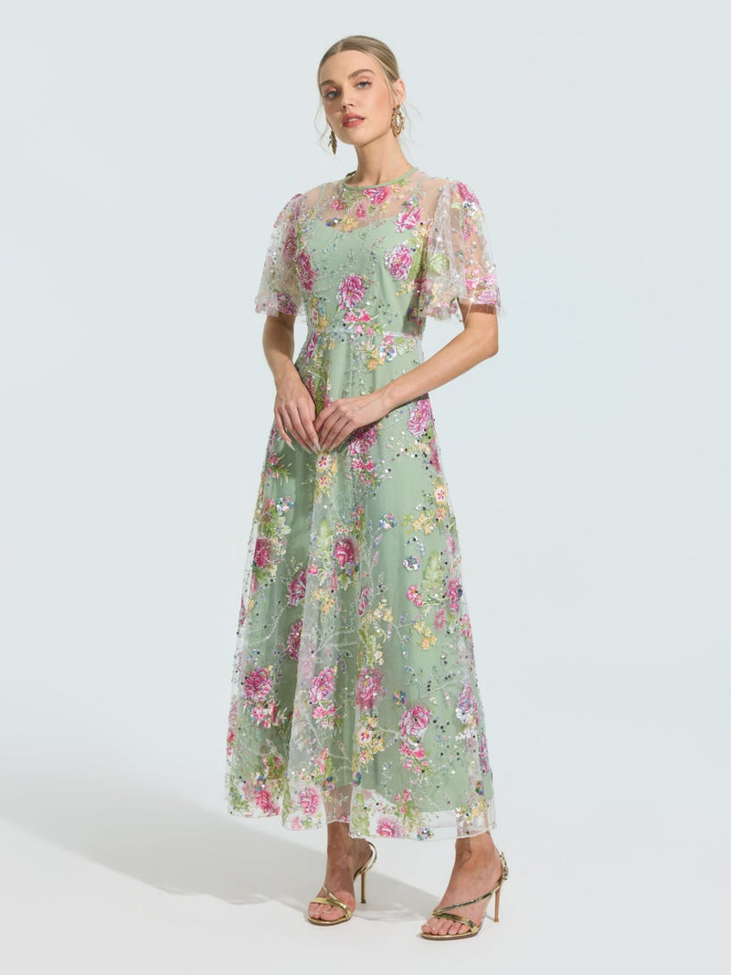 Floral Embroidered Beaded Tulle Gown - Social Queen