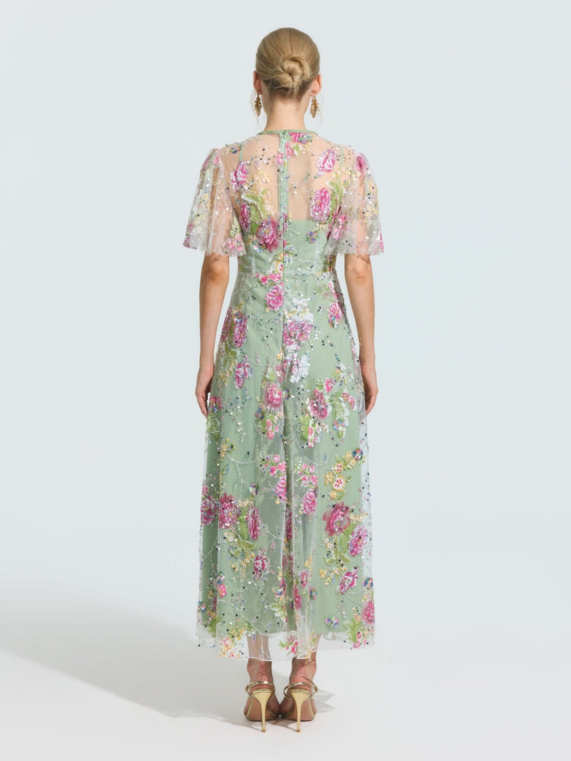 Floral Embroidered Beaded Tulle Gown - Social Queen