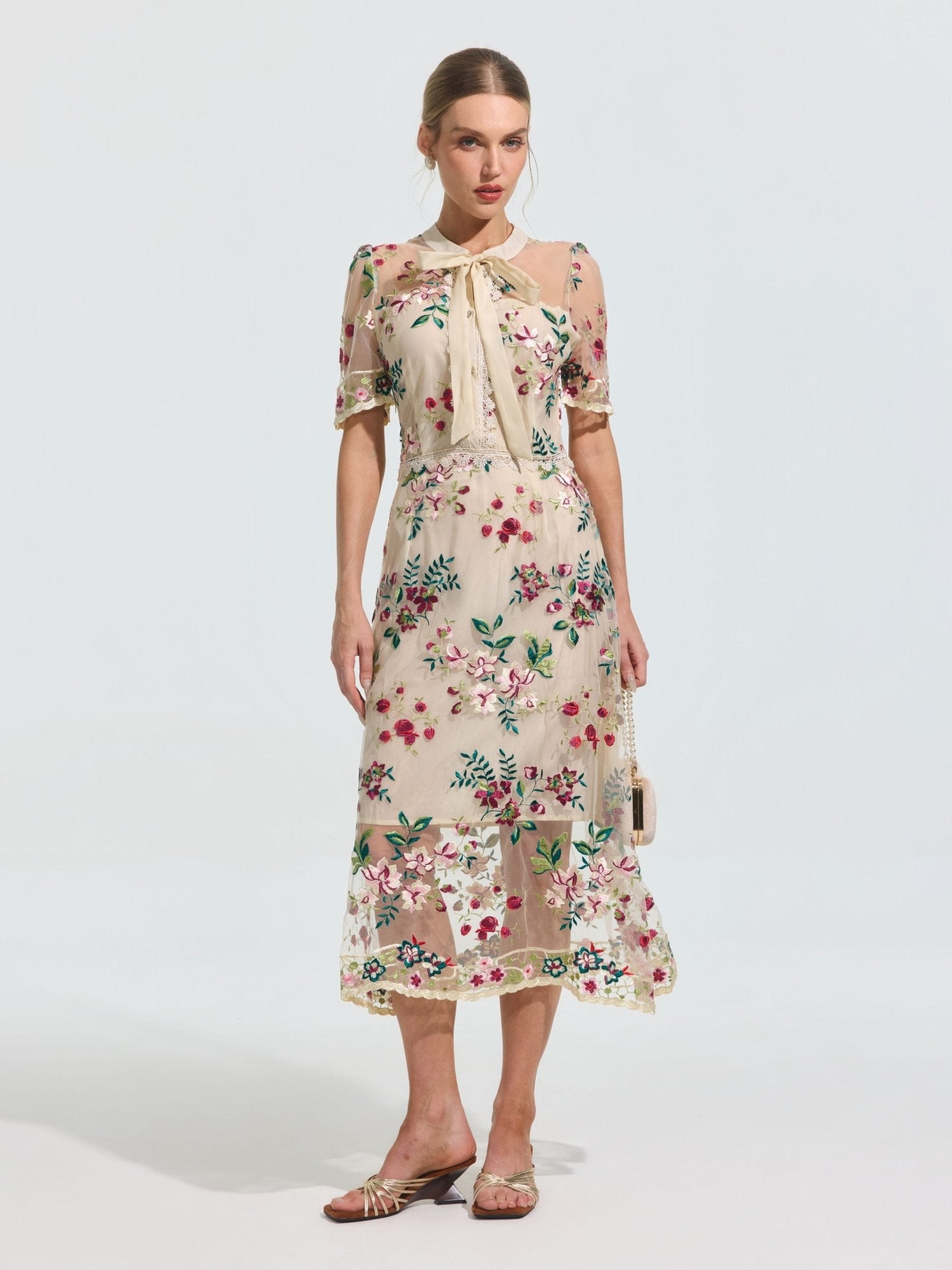 Floral Embroidered Bow-Tie Dress - Social Queen