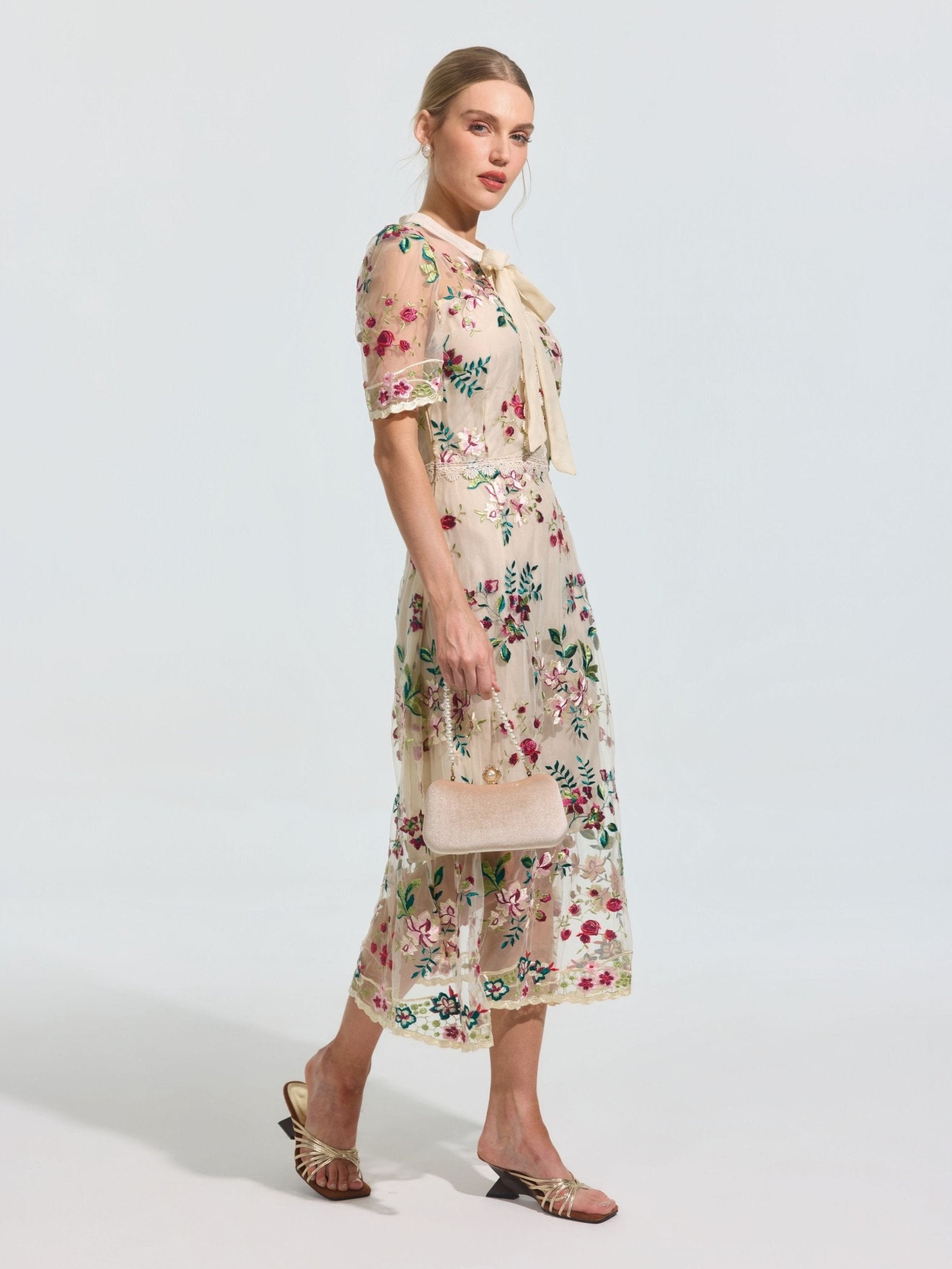 Floral Embroidered Bow-Tie Dress - Social Queen