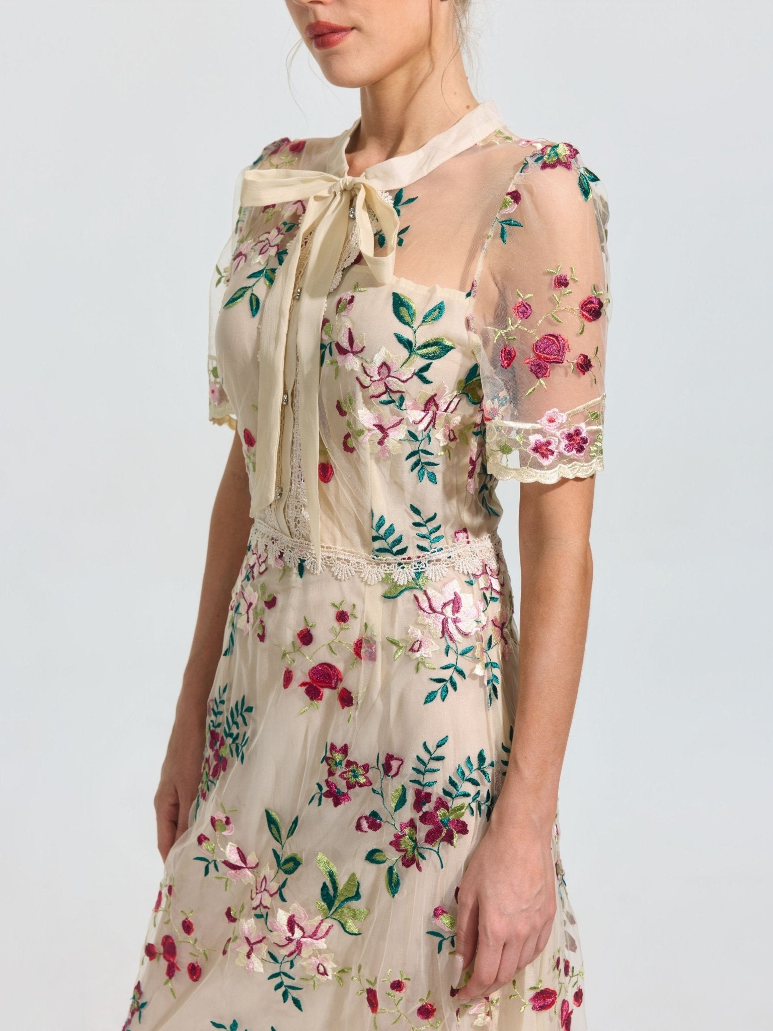 Floral Embroidered Bow-Tie Dress - Social Queen