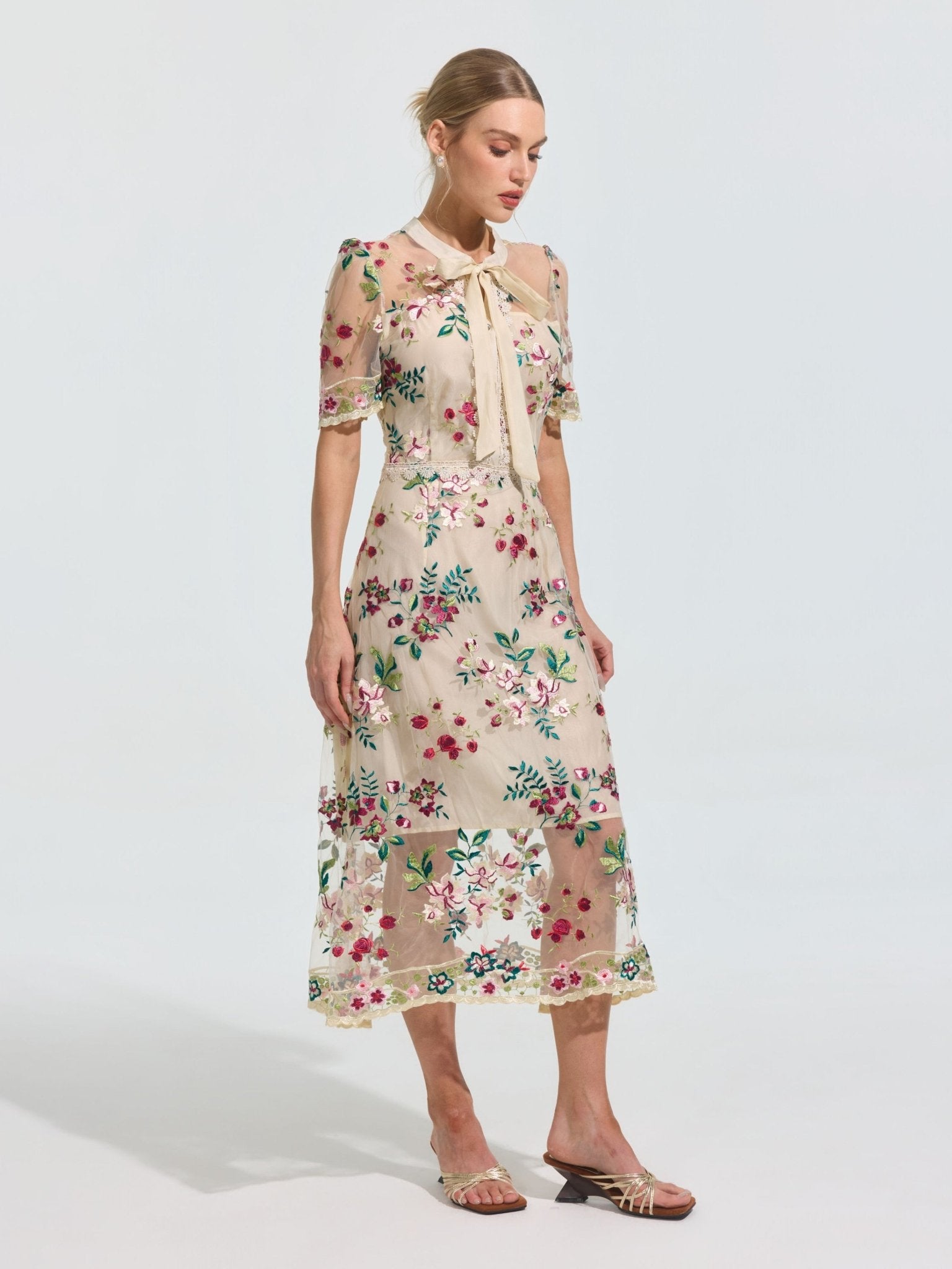 Floral Embroidered Bow-Tie Dress - Social Queen