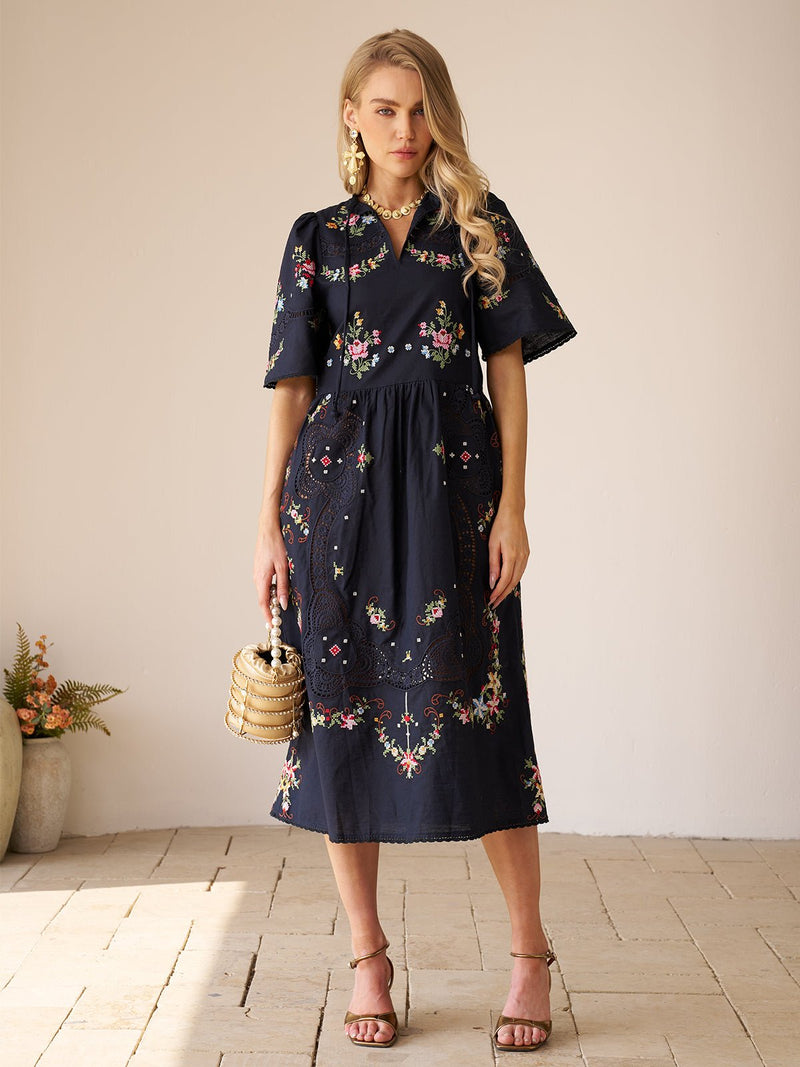 Floral Embroidered Cotton Dress - Social Queen
