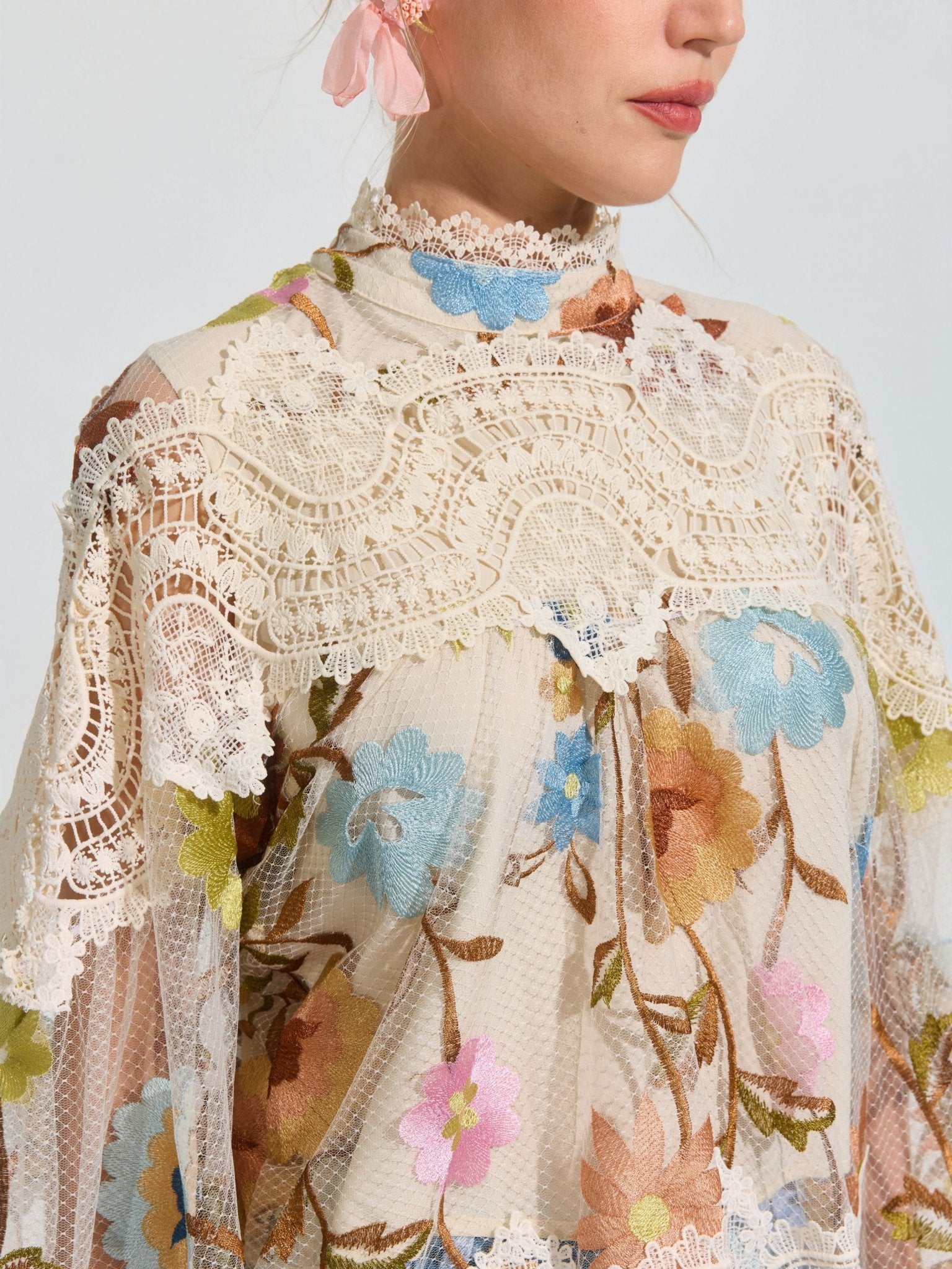 Floral Embroidered Lace Trim Top - Social Queen