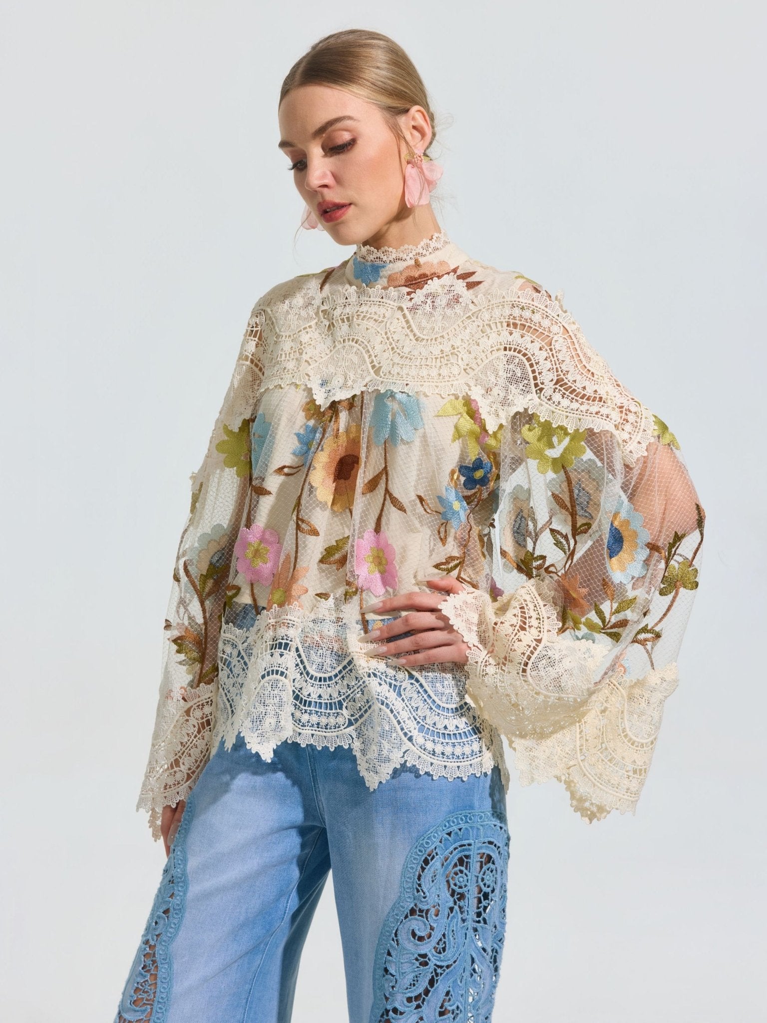 Floral Embroidered Lace Trim Top - Social Queen