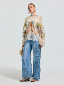 Floral Embroidered Lace Trim Top - Social Queen