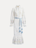 Social Queen's Floral Embroidered Lantern Sleeve Dress: a white, ankle-length piece with hand-embroidered florals, lantern sleeves, ruffled hem, and a light blue tassel tie. High neck with bow adds summer sophistication.