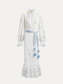 Social Queen's Floral Embroidered Lantern Sleeve Dress: a white, ankle-length piece with hand-embroidered florals, lantern sleeves, ruffled hem, and a light blue tassel tie. High neck with bow adds summer sophistication.