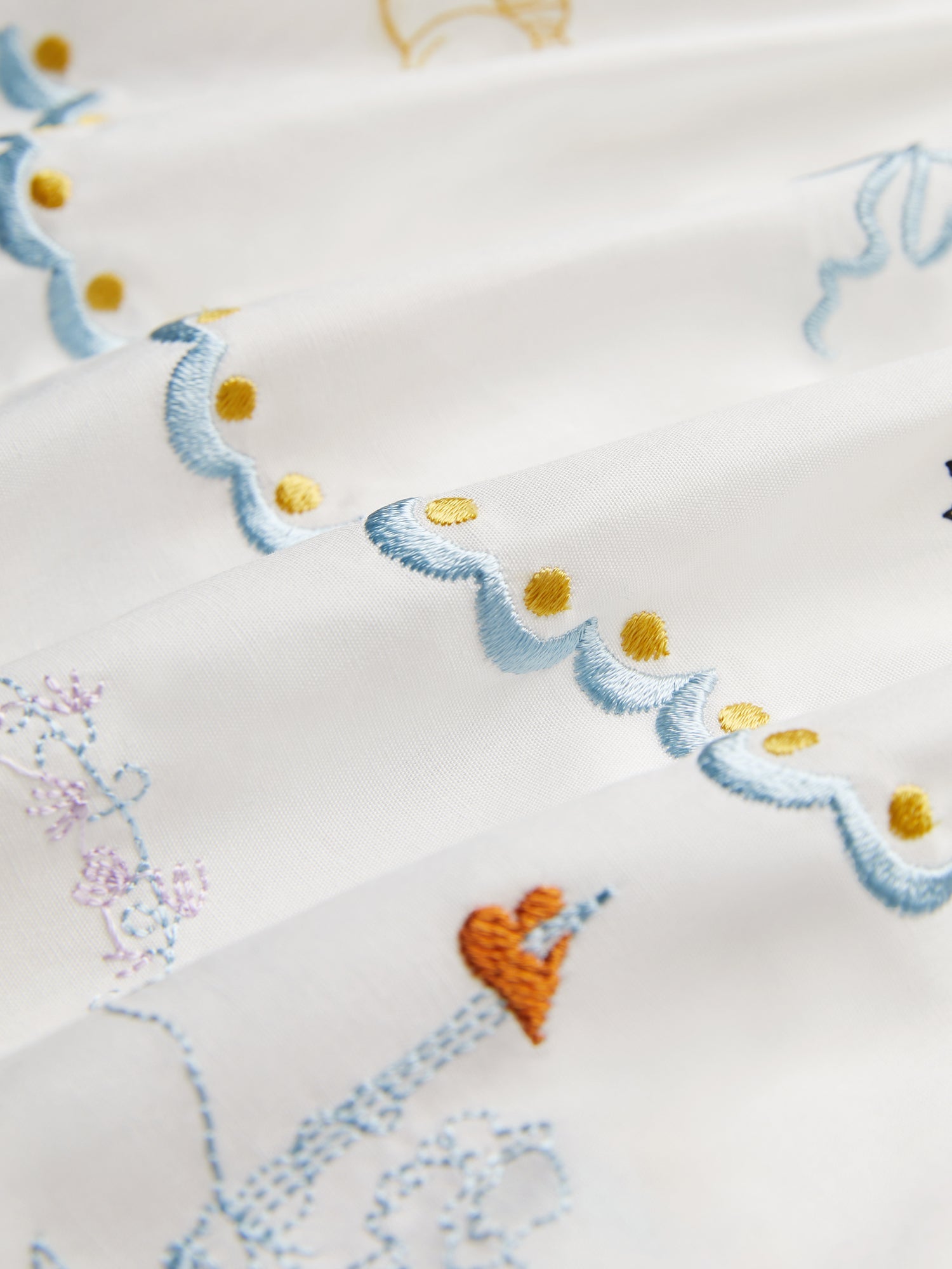 Close-up of the Social Queen Floral Embroidered Lantern Sleeve Dress, featuring white fabric with blue scalloped embroidery, yellow dots, and orange and purple hand-embroidered floral motifs—perfect for summer sophistication.