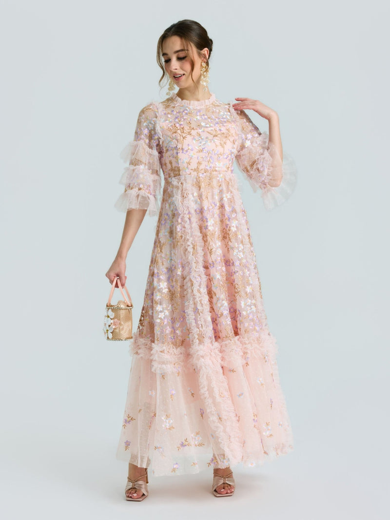 Floral Embroidered Layered Tulle Dress - Social Queen