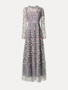The Social Queen Floral Embroidered Mesh Dress features sheer, long sleeves and delicate pink, blue, and white floral embroidery—an enchanting choice for wedding guests.