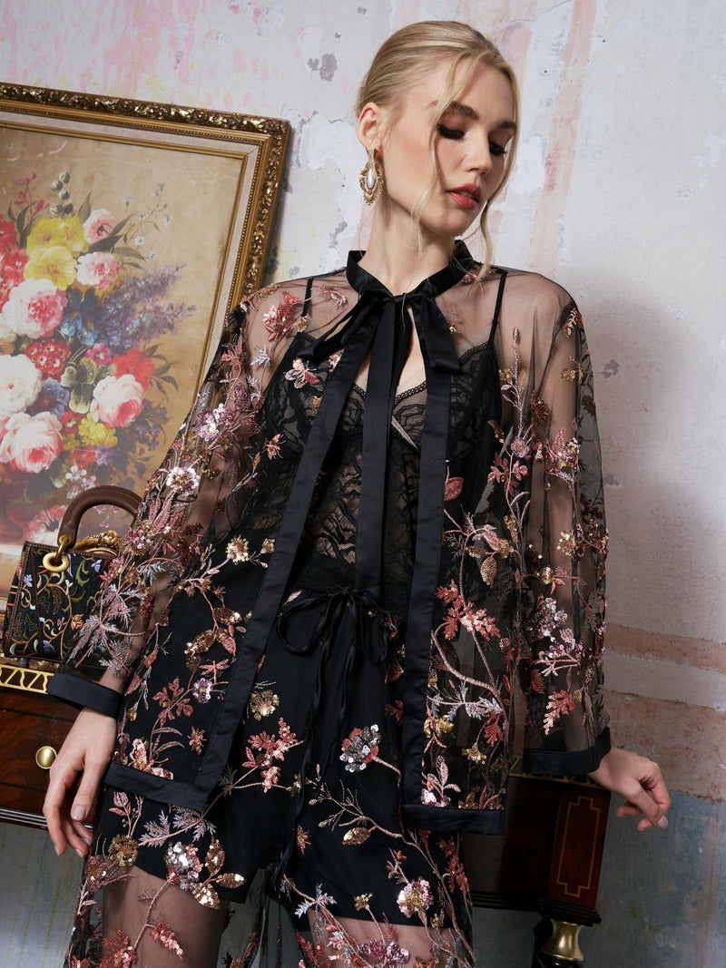 Floral Embroidered Mesh Jacket (Camisole Included) - Social Queen