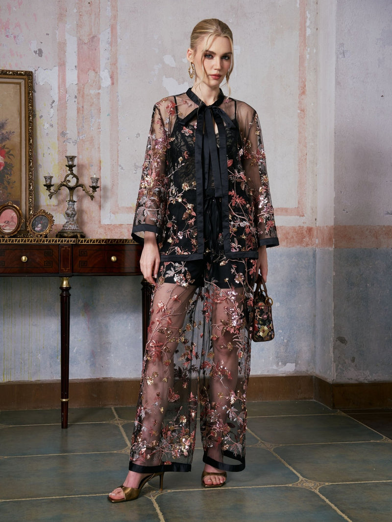 Floral Embroidered Mesh Jacket (Camisole Included) - Social Queen