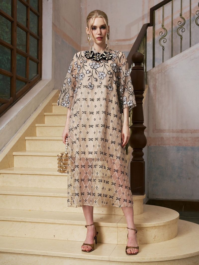 Floral Embroidered Mulberry Silk Dress - Social Queen