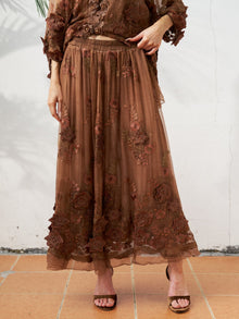 Floral Embroidered Silk Midi Skirt - Social Queen