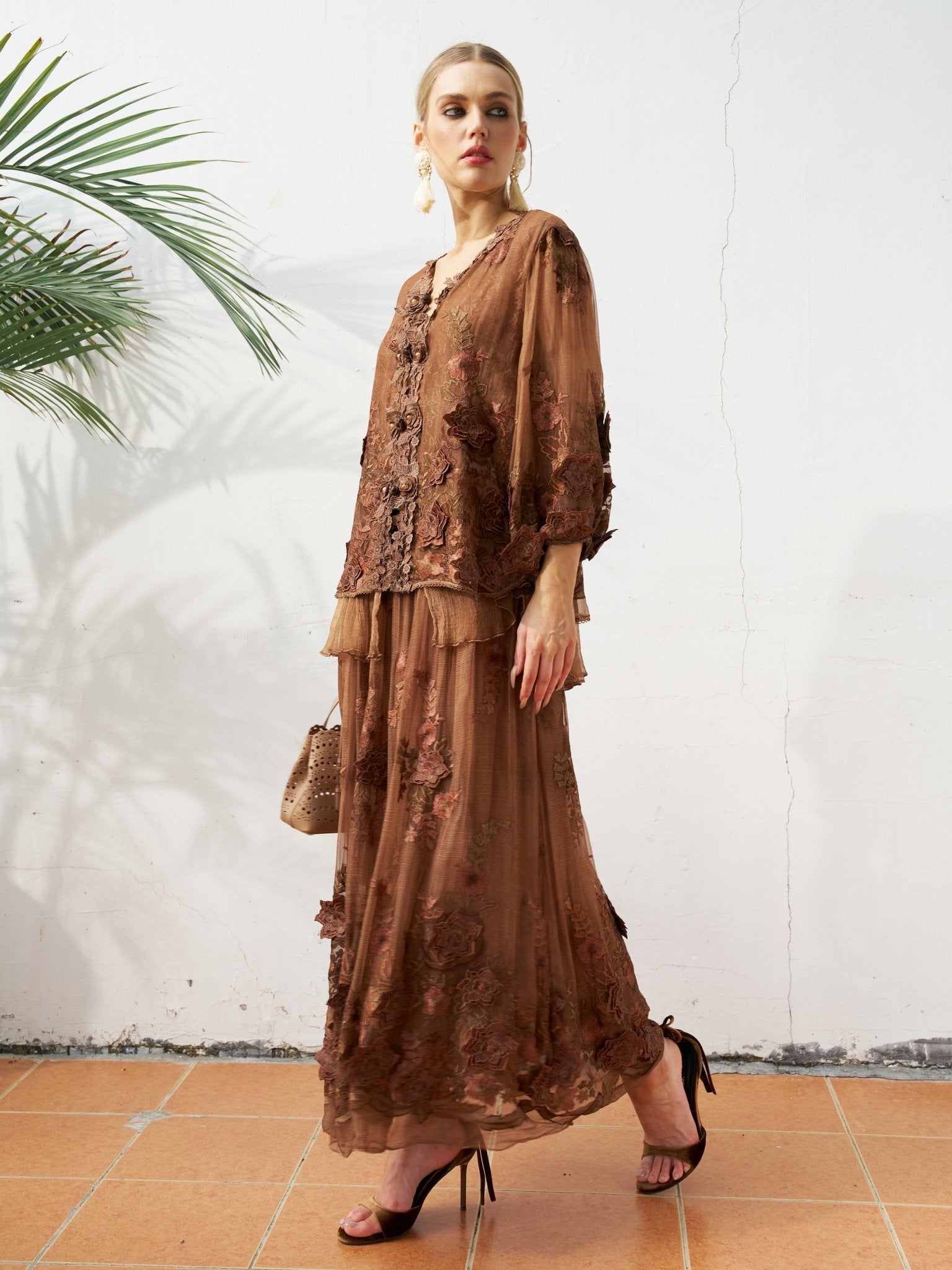 Floral Embroidered Silk Midi Skirt - Social Queen