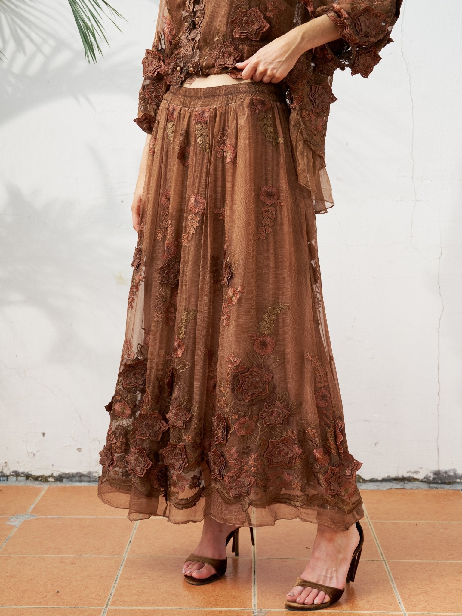 Floral Embroidered Silk Midi Skirt - Social Queen