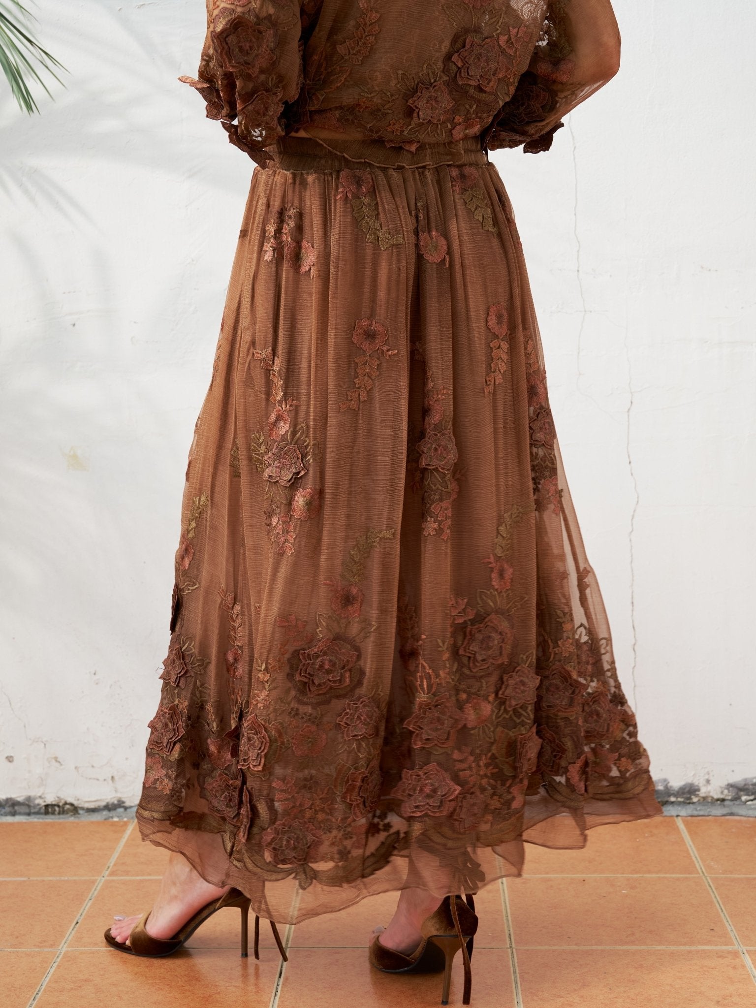 Floral Embroidered Silk Midi Skirt - Social Queen