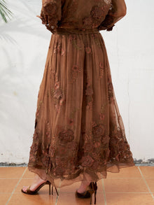 Floral Embroidered Silk Midi Skirt - Social Queen