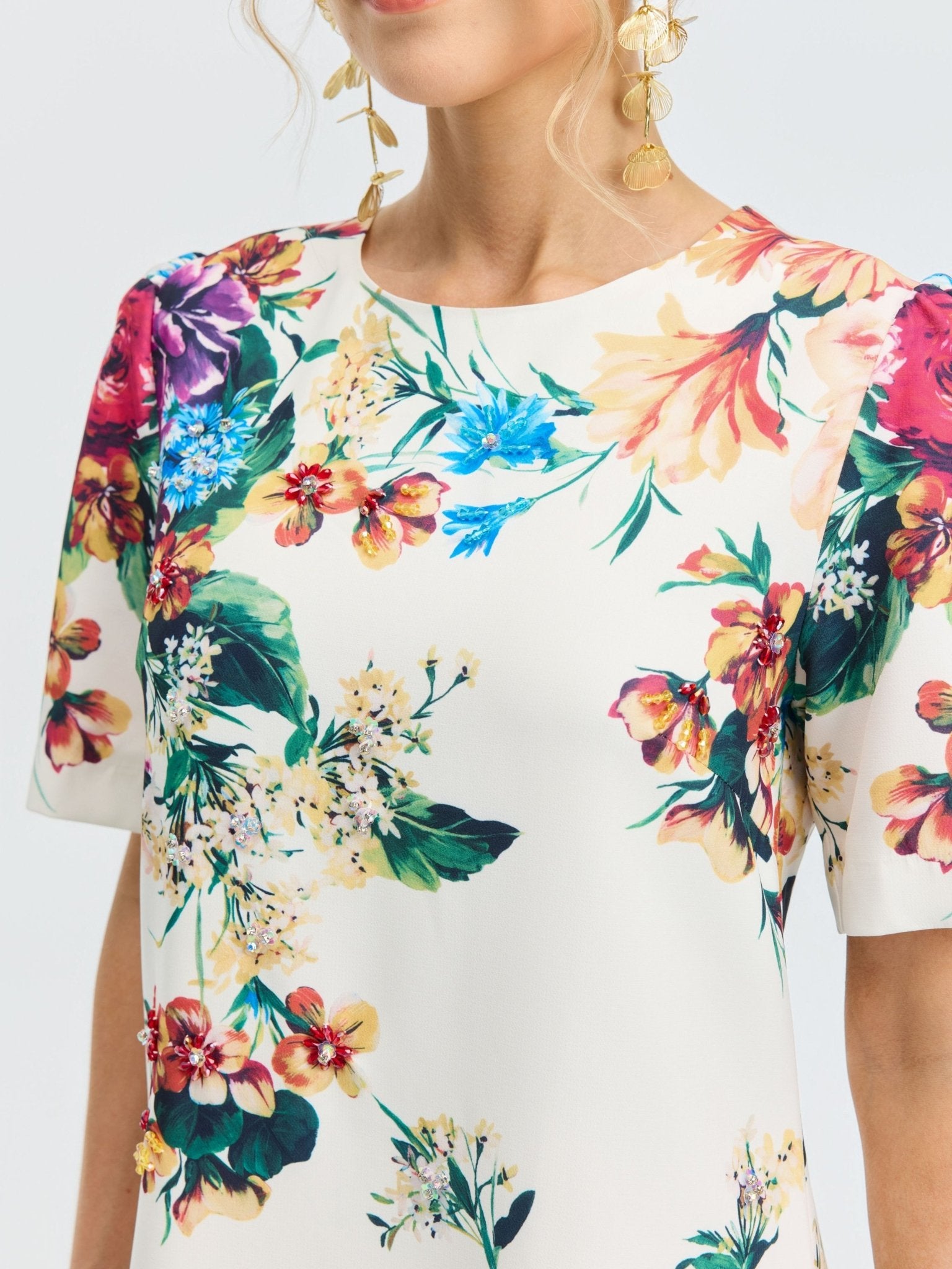 Floral Print Beaded Mini Dress - Social Queen