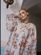 Floral Print Cutwork Linen Dress - Social Queen