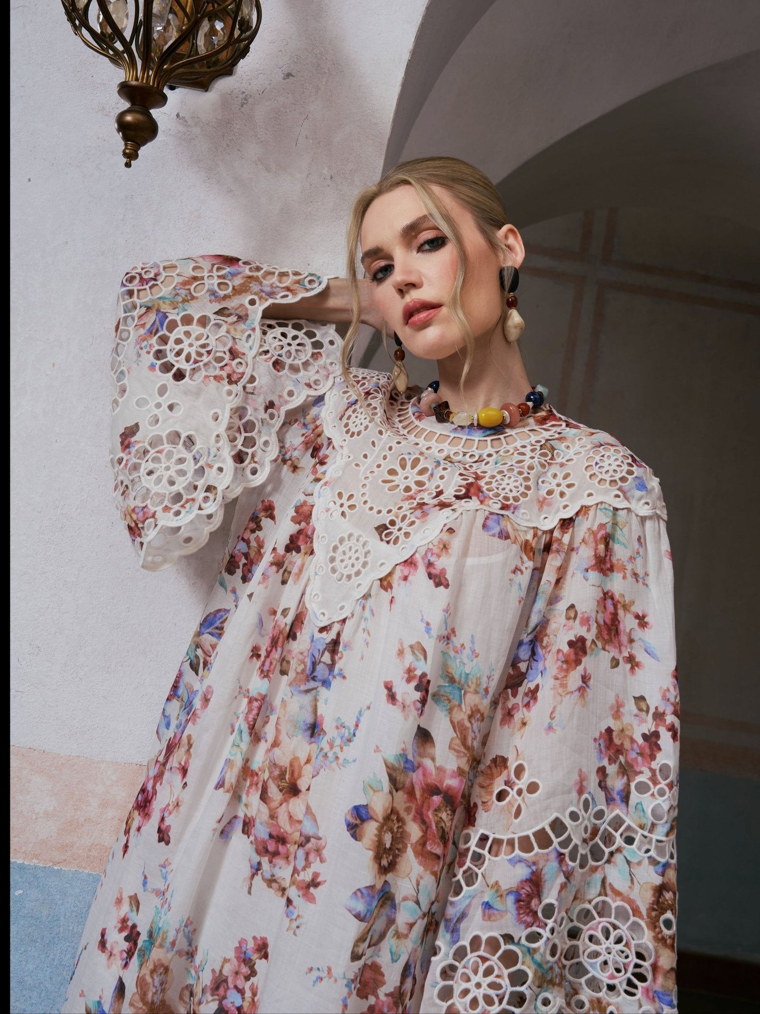 Floral Print Cutwork Linen Dress - Social Queen