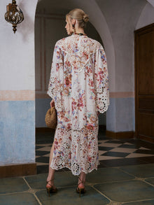 Floral Print Cutwork Linen Dress - Social Queen
