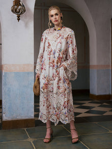 Floral Print Cutwork Linen Dress - Social Queen