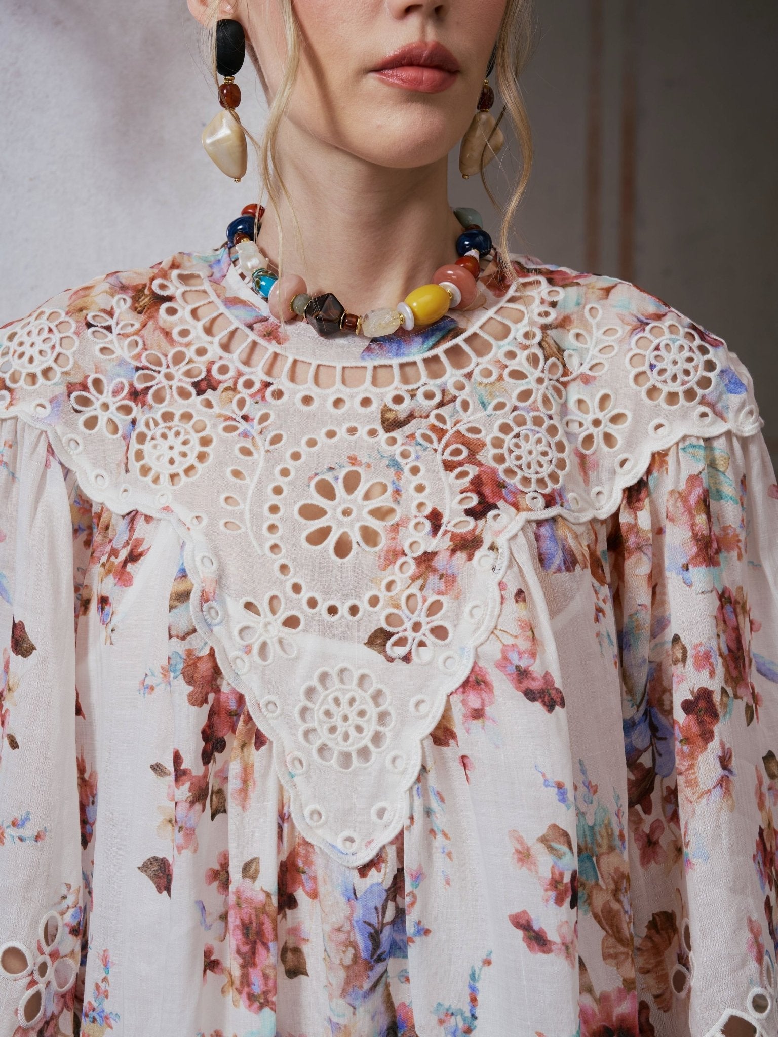Floral Print Cutwork Linen Dress - Social Queen
