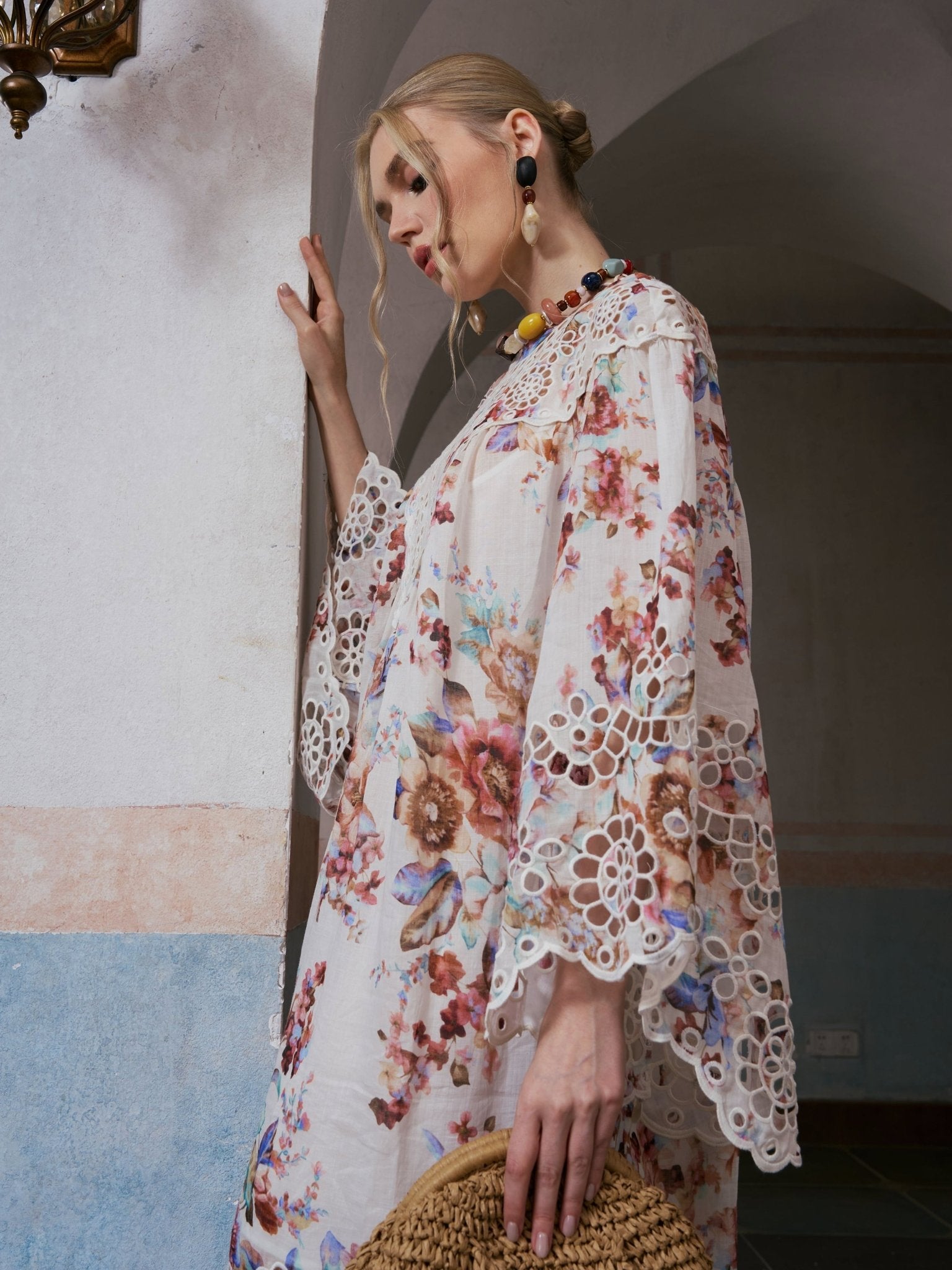 Floral Print Cutwork Linen Dress - Social Queen