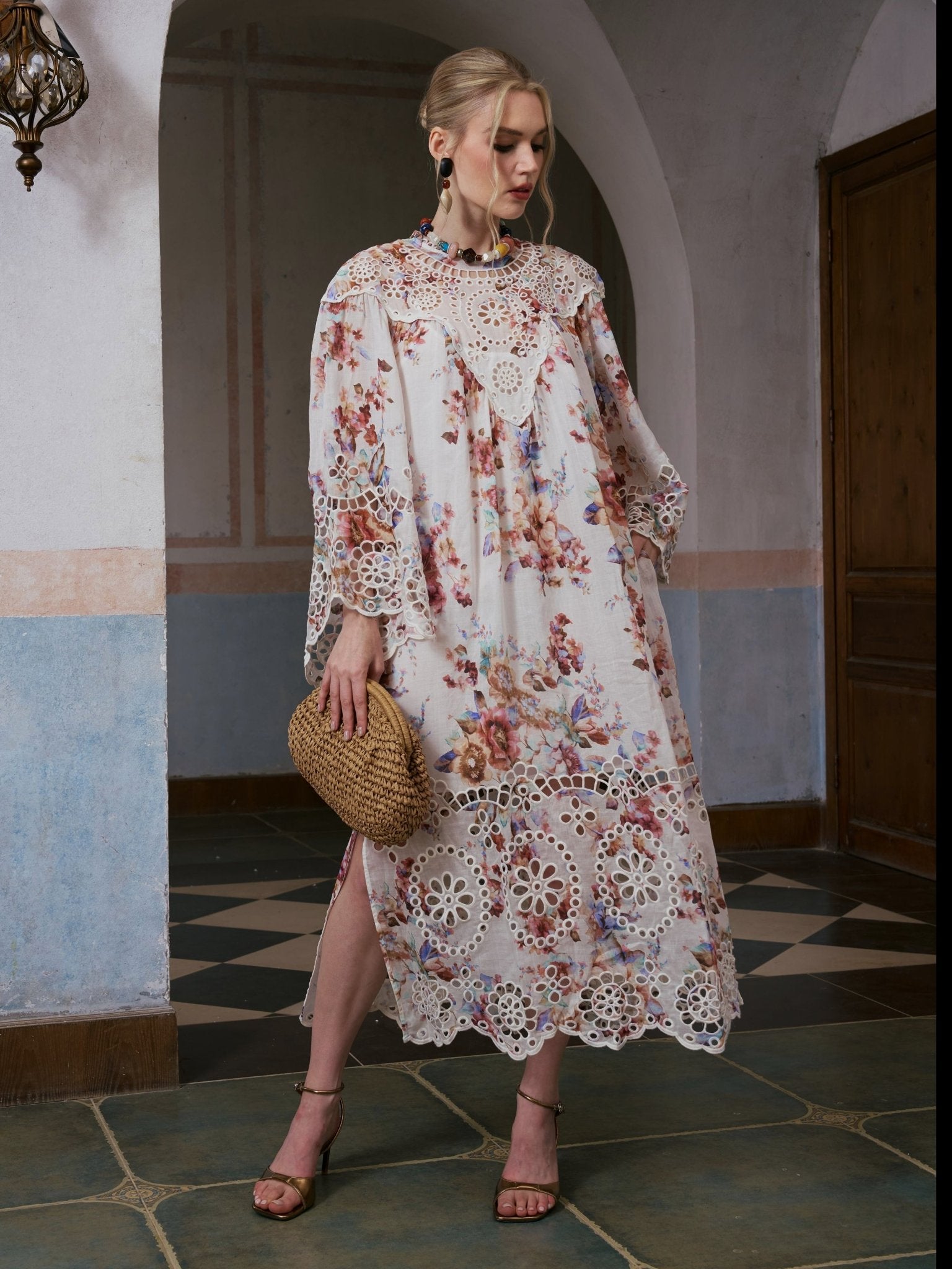 Floral Print Cutwork Linen Dress - Social Queen