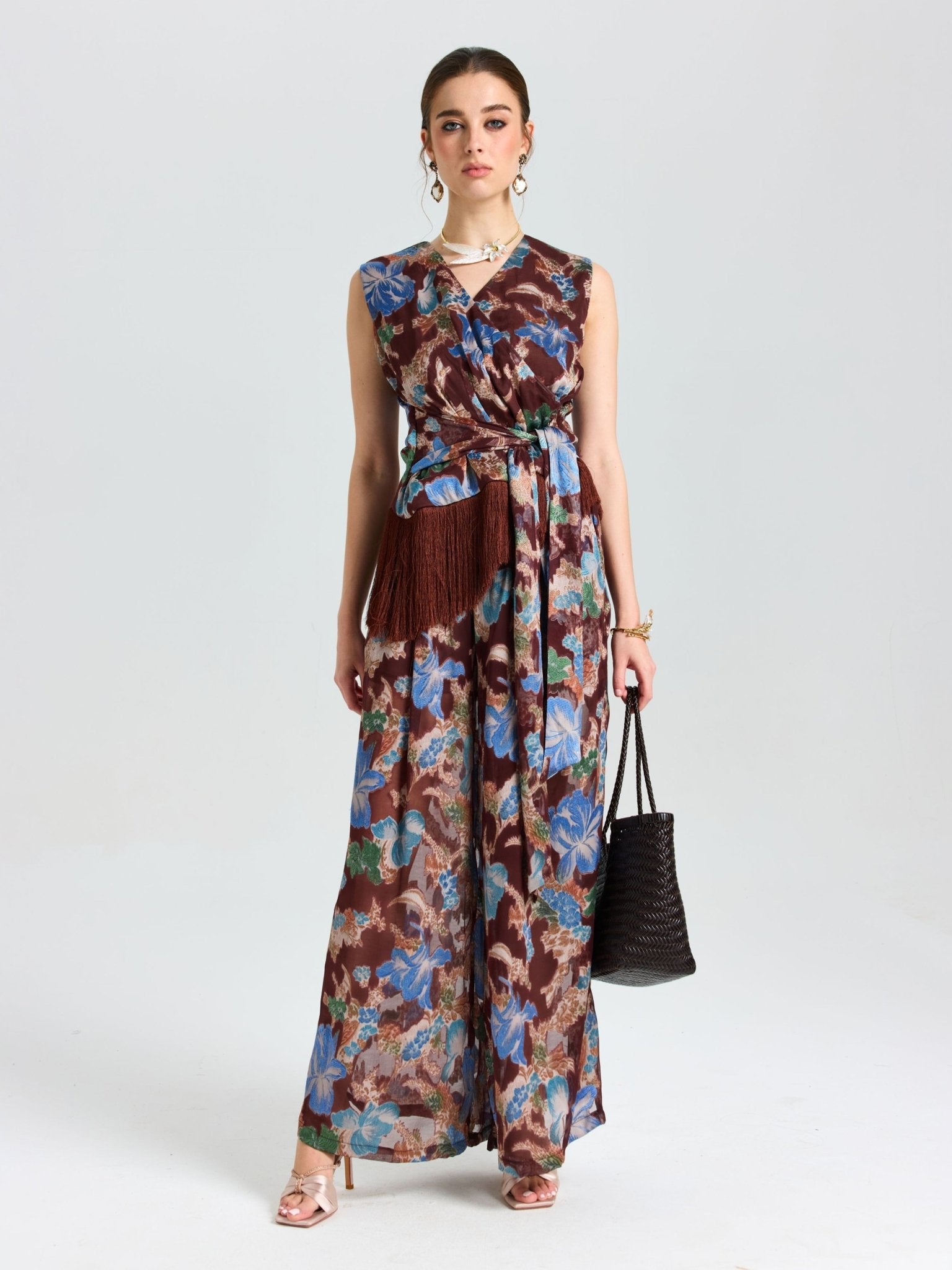 Floral Print Fringe Tie - Front Top - Social Queen
