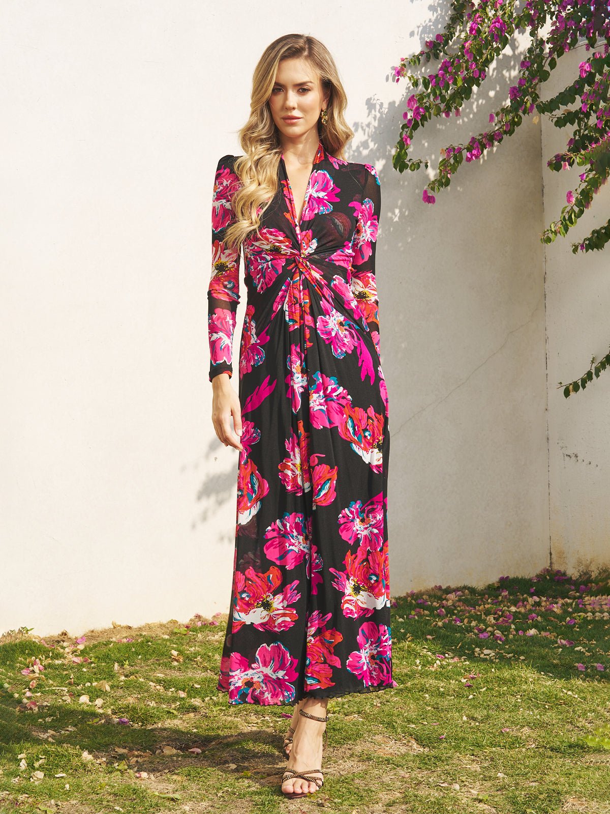 Floral Print Knot Front Knit Dress Black PINK / XS