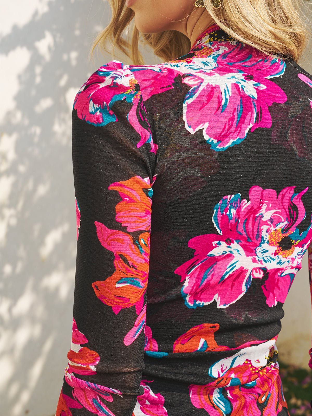 Floral Print Knot Front Knit Dress Black PINK / XS