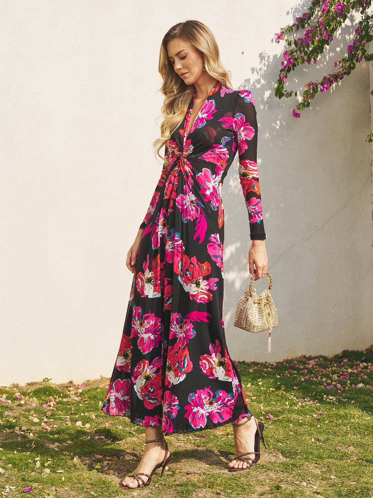 Floral Print Knot Front Knit Dress Black PINK / XS