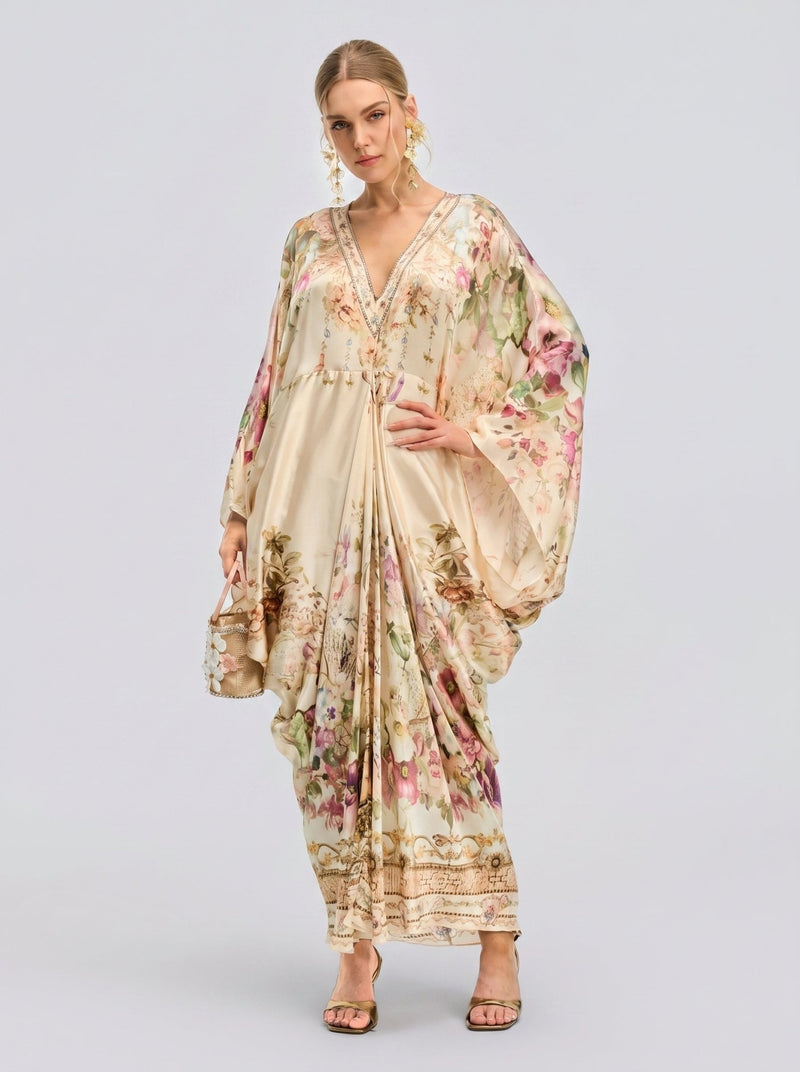 Floral Print Mulberry Silk Robe Dress - Social Queen