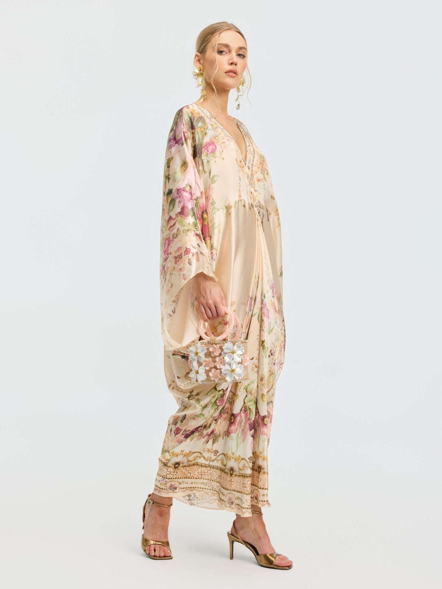 Floral Print Mulberry Silk Robe Dress - Social Queen