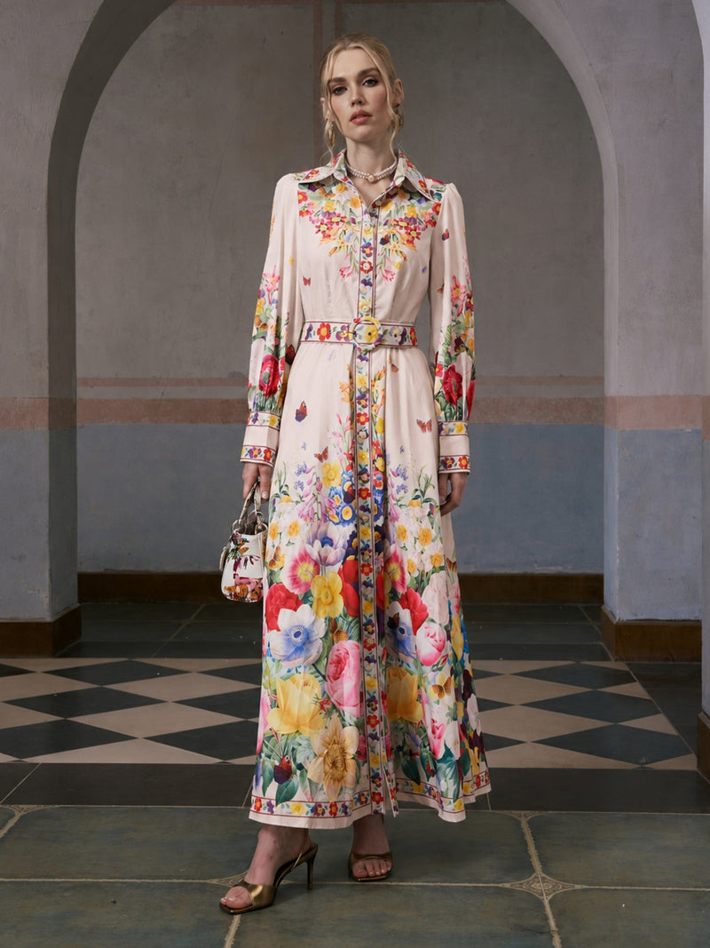 Floral Print Ramie Shirt Dress (Belt Included) - Social Queen