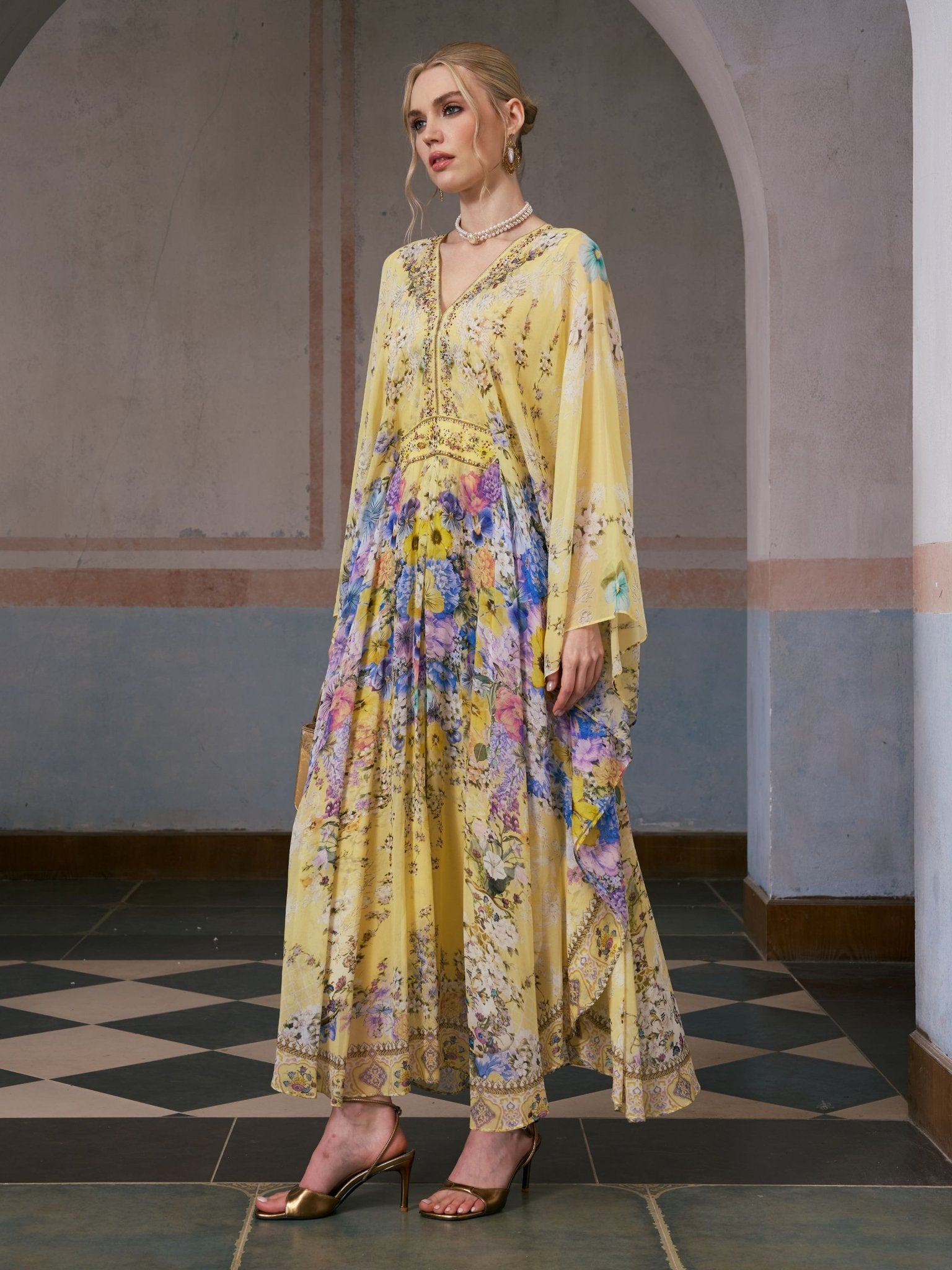 Floral Print Silk Caftan Dress - Social Queen