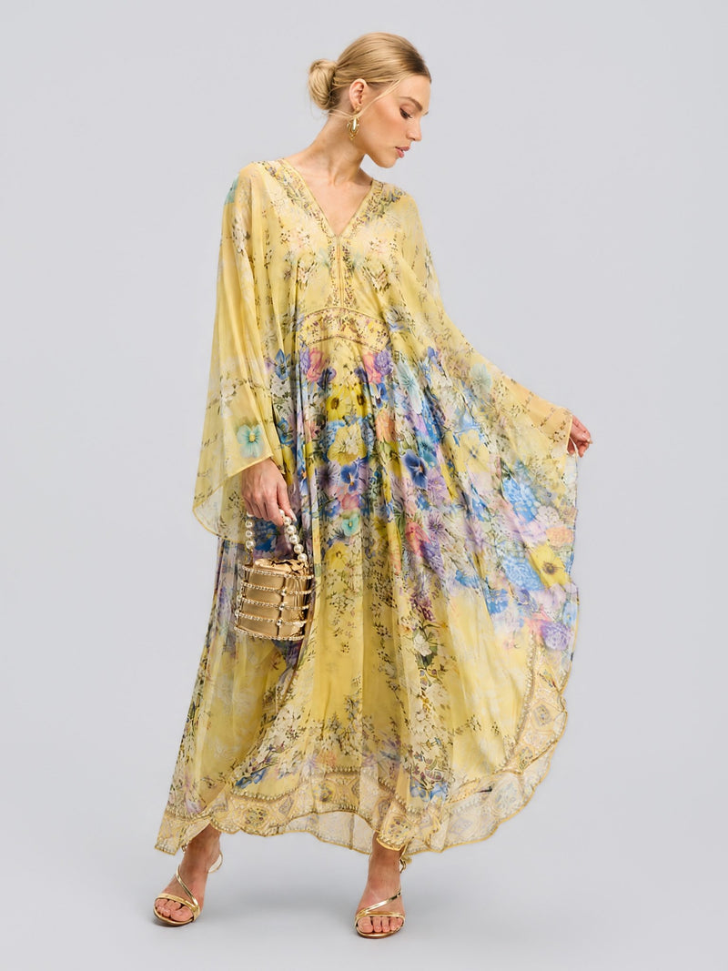 Floral Print Silk Caftan Dress - Social Queen