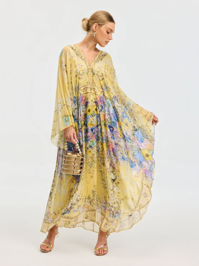 Floral Print Silk Caftan Dress - Social Queen