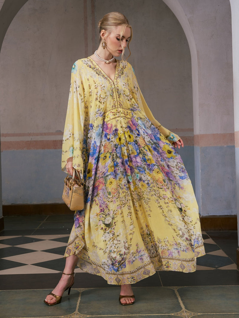 Floral Print Silk Caftan Dress - Social Queen