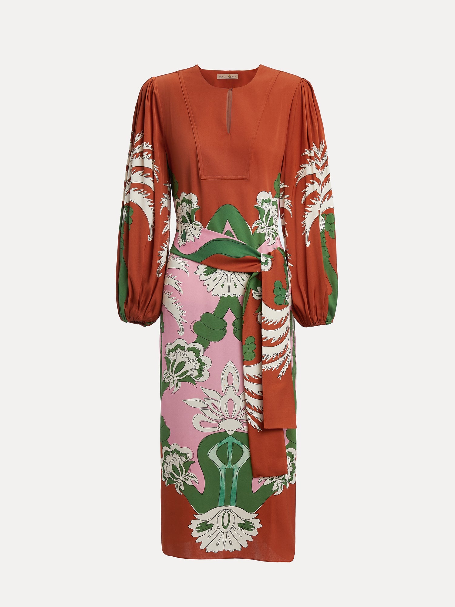 The Social Queen Floral Printed Silk Dress features long sleeves, a red, green, and pink floral print, a tie waist, and a keyhole neckline—perfect for vacation elegance.