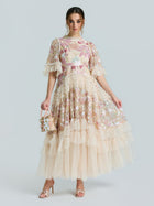 Floral Sequin Embroidered Tiered Dress - Social Queen