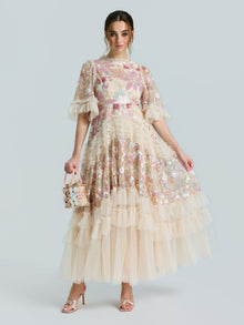 Floral Sequin Embroidered Tiered Dress - Social Queen