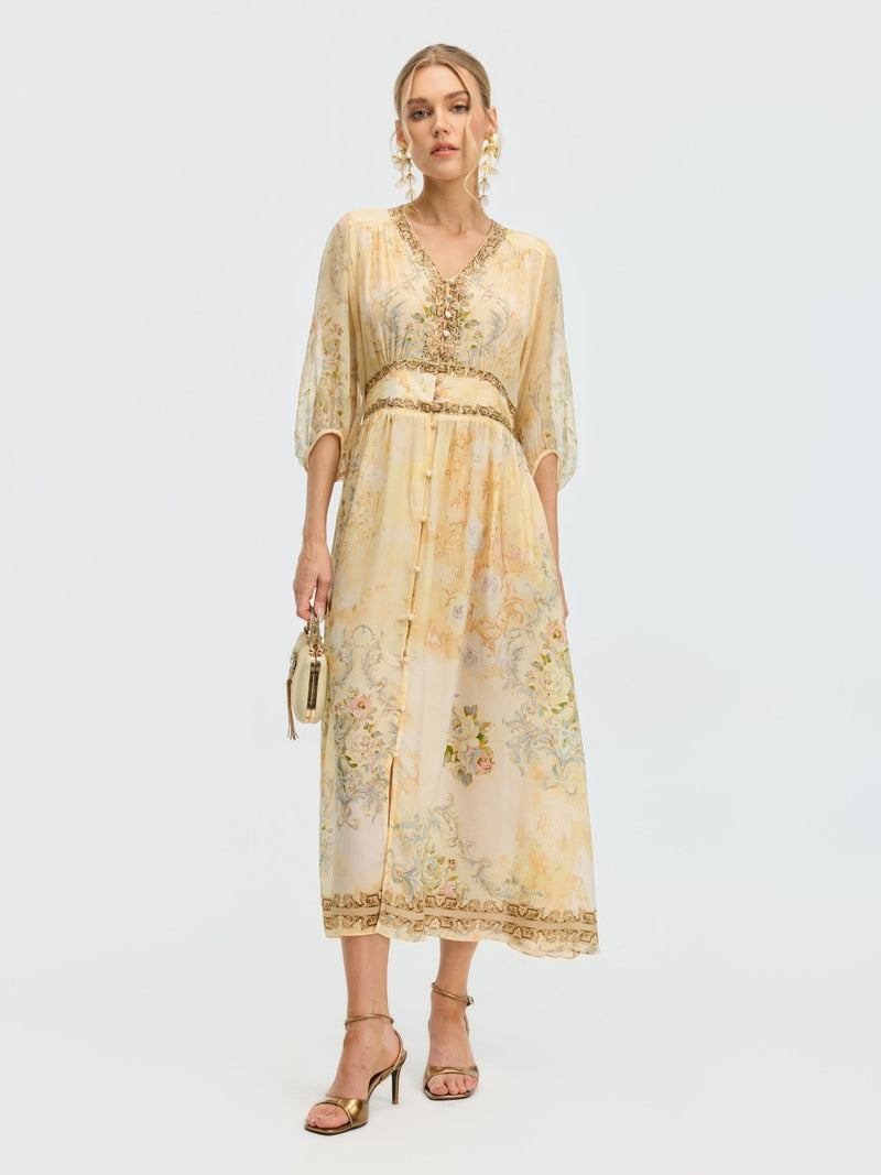 Floral Silk V-Neck Beaded Dress - Social Queen